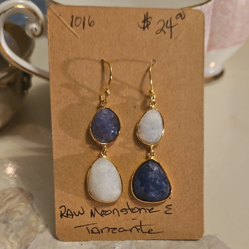Blue Tanzanite / Raw Moonstone Dangle Earrings